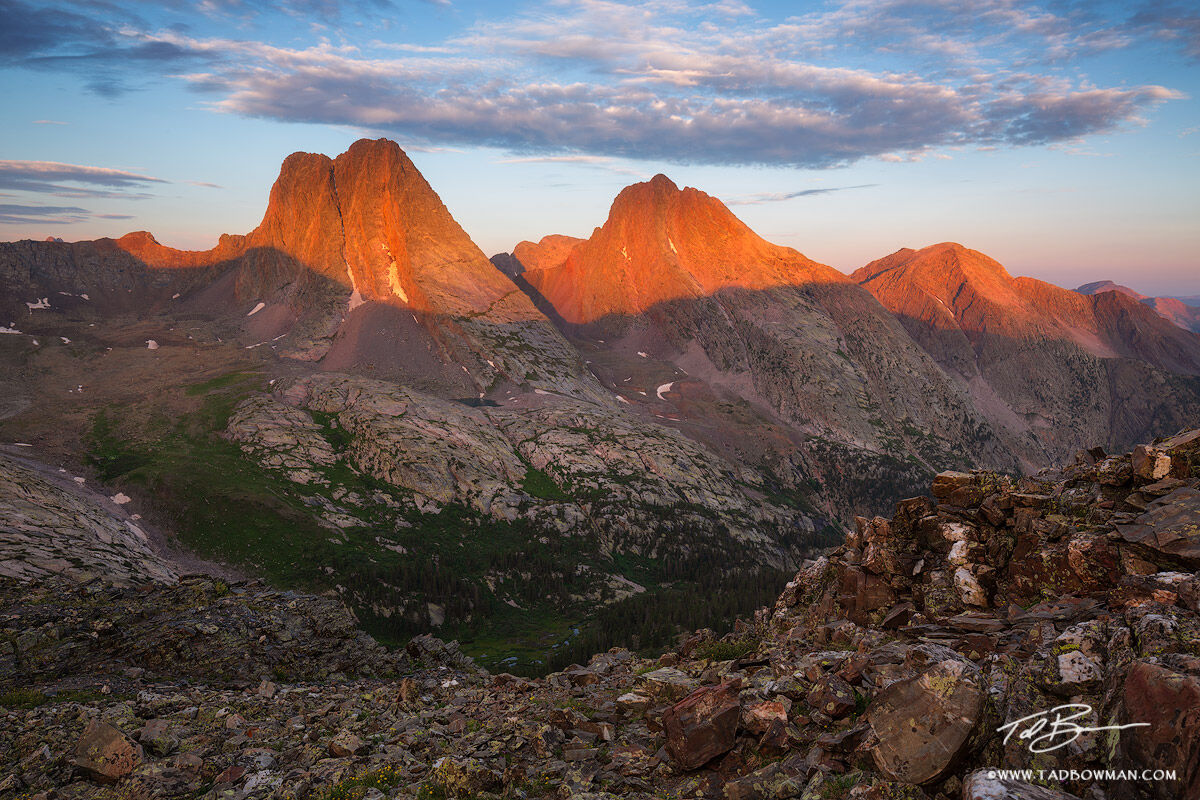 This Colorado mountain photo depicts sunrise with warm light on a portion of the Grenadier Range (Arrow, Vestal, and Electric...