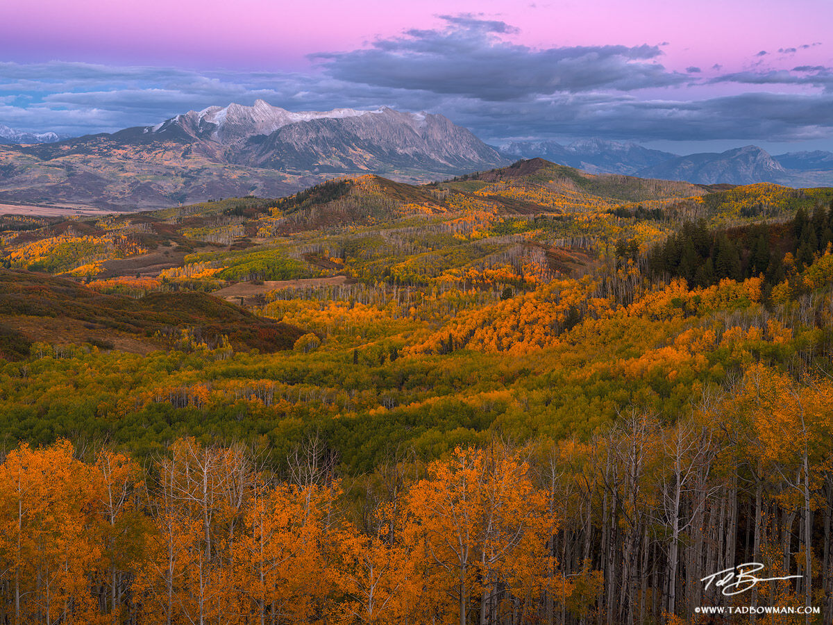 This Colorado mountain photo depicts the belt of Venus glowing over Chair Mountain with colorful fall foliage in the foreground...