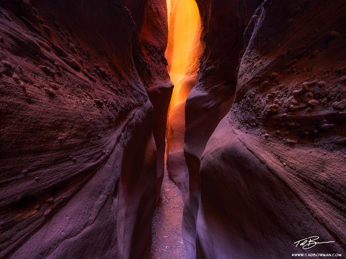 This Utah desert photo depicts a narrow slot canyon with warm light at the end.