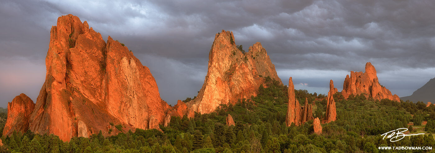This Garden of the Gods photo depicts stormy conditions with light illuminating the sandstone rock at sunset near Colorado Springs...