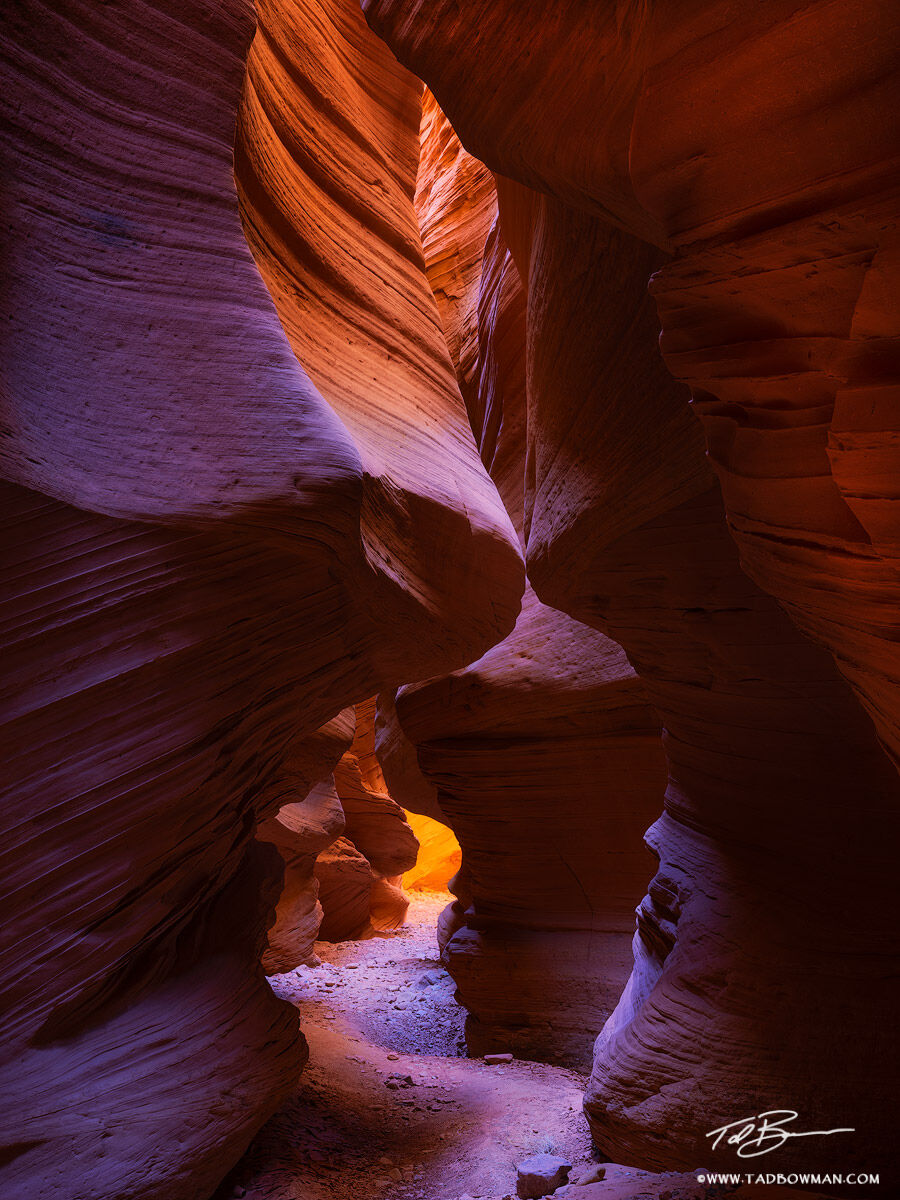 This Utah desert photo depicts sandstone rock formations resembling noses kissing in a slot canyon