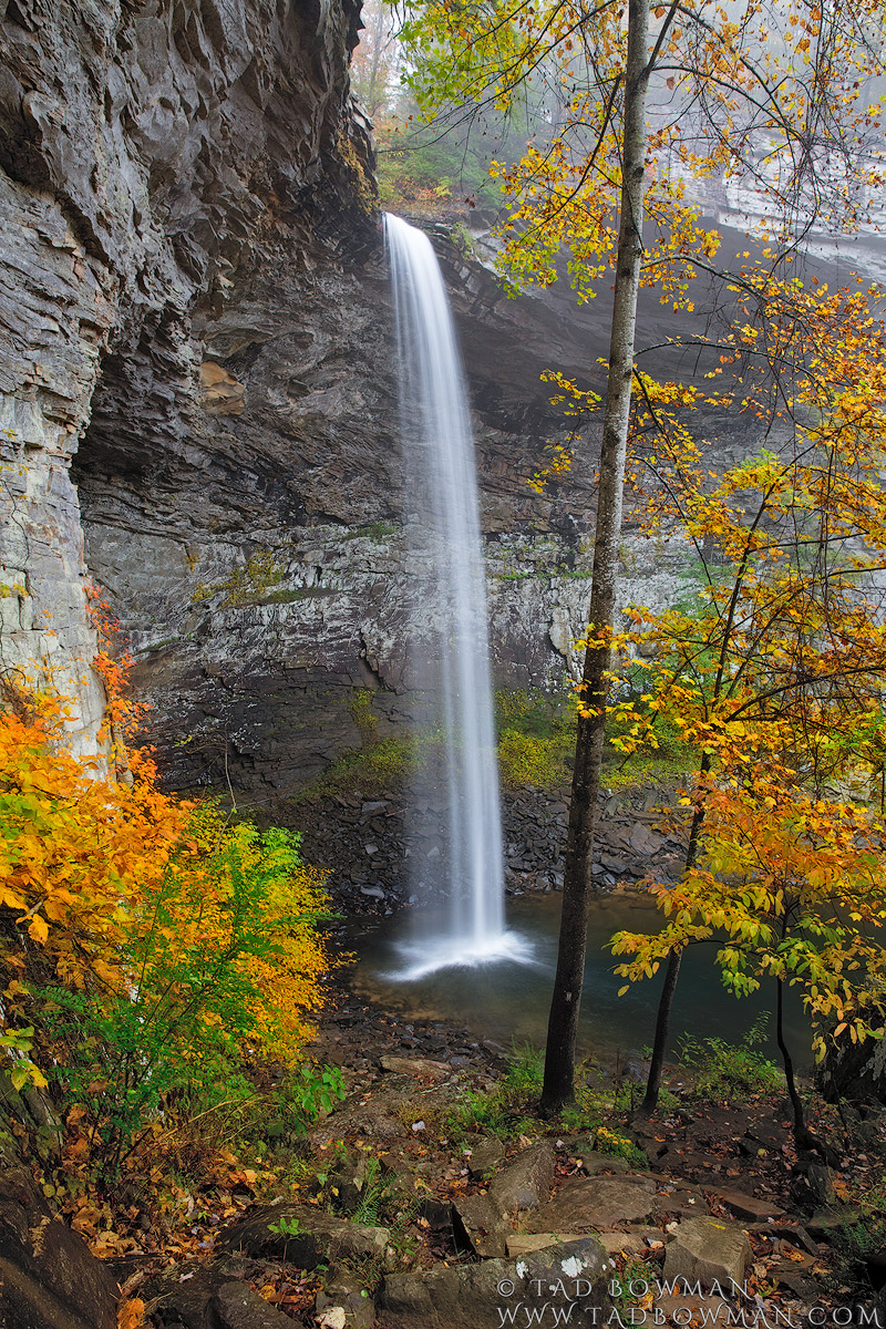 This Tennessee fall photo depicts picturesque Ozone Falls plummeting with colorful fall foliage in the foreground