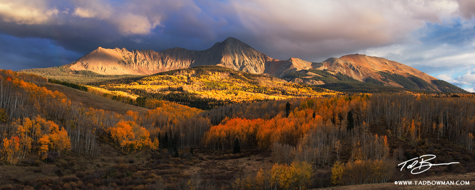 This Colorado panorama photo depicts stormy conditions over the San Juan Mountains with colorful fall foliage in the foreground...