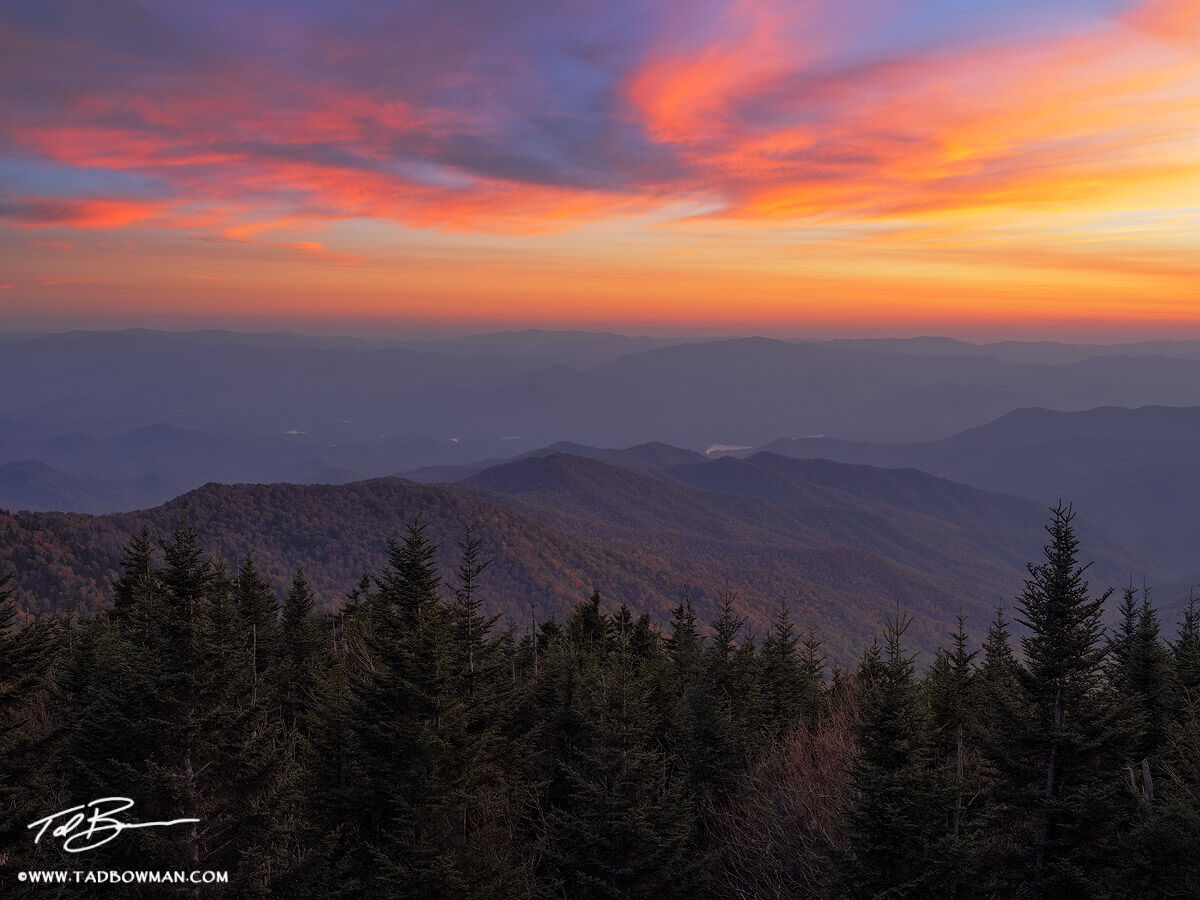 This mountain photo depicts a colorful sunset over the Smoky Mountains from Clingman's Dome.