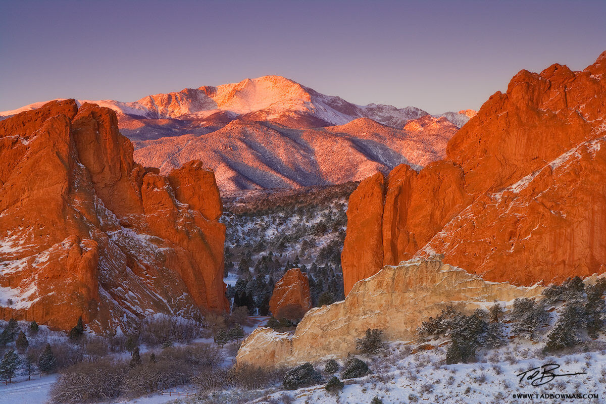 This Colorado winter mountain picture depicts a Pikes Peak sunrise from the Garden of the Gods in Colorado Springs.
