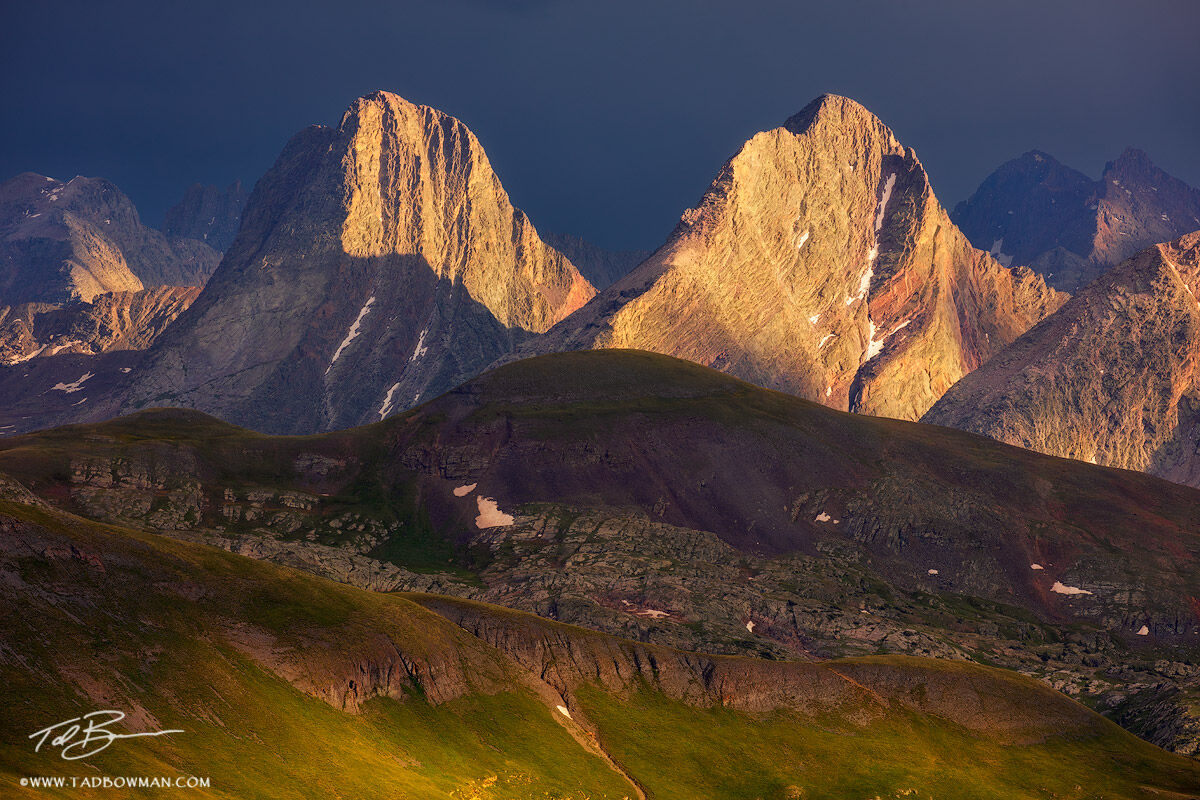 This Colorado mountain photo depicts stormy conditions over Vestal and Arrow peak in the Weminuche Wilderness