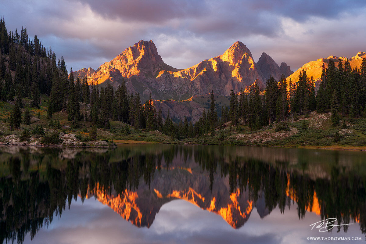 This Colorado mountain photograph depicts sunset on Pigeon and Turret Peaks of the Needle Mountains within the Weminuche Wilderness...