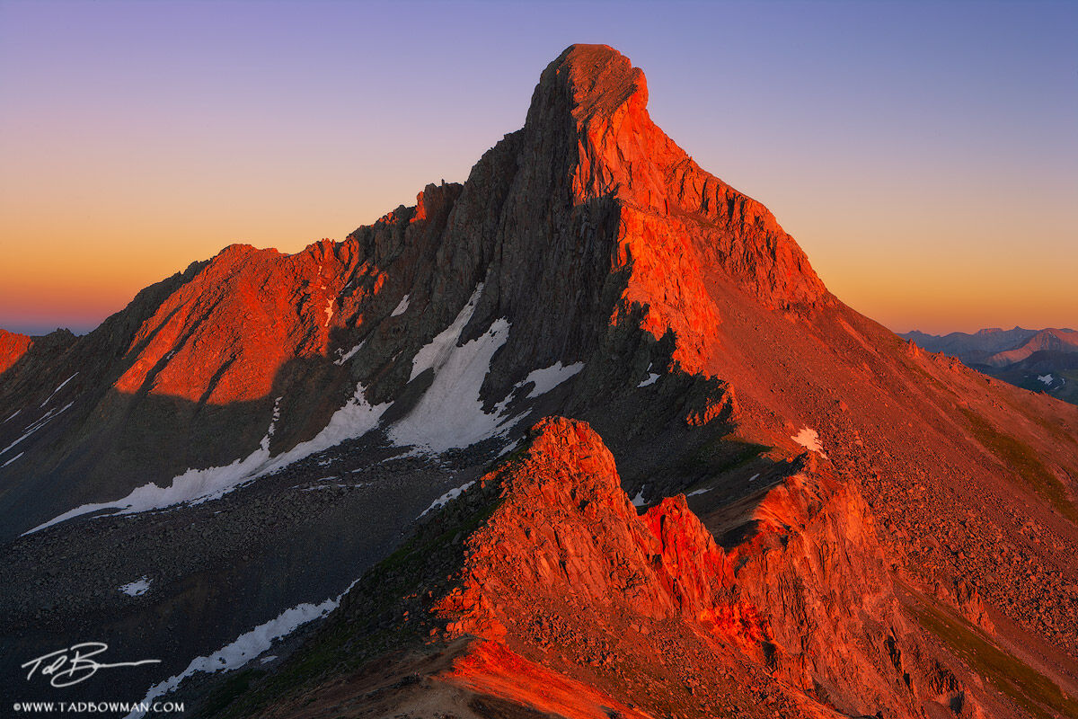 This Colorado Mountain photo depicts rich light at sunset on Wetterhorn Peak in the Uncompahgre National Forest